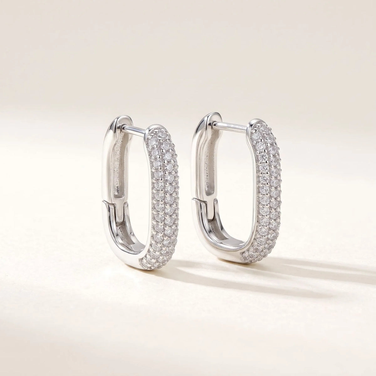 3-Row U-Pavé Silver Paperclip Large Huggie Earrings