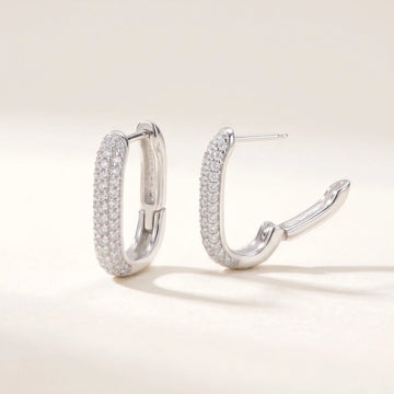 3-Row U-Pavé Silver Paperclip Large Huggie Earrings