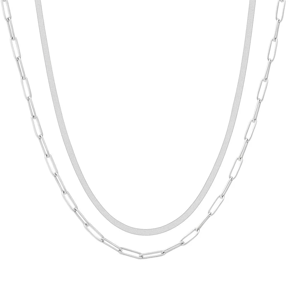 Herringbone Necklace and Paperclip Necklace Set in Silver