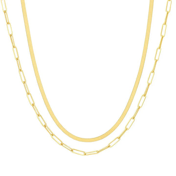 Herringbone Necklace and Paperclip Necklace Set in Gold