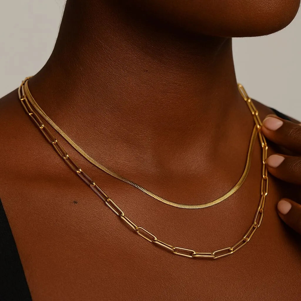 Herringbone Necklace and Paperclip Necklace Set in Gold