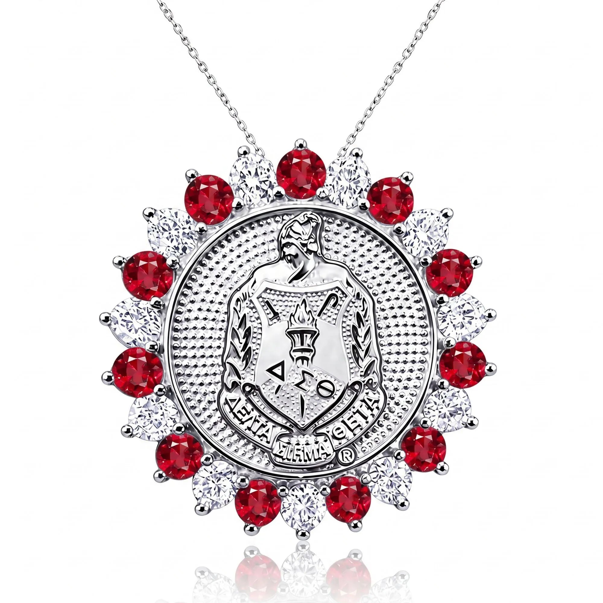 Sunburst ΔΣΘ Crest Pendant with Ruby (Chain Sold Separately) - Delta Sigma Theta