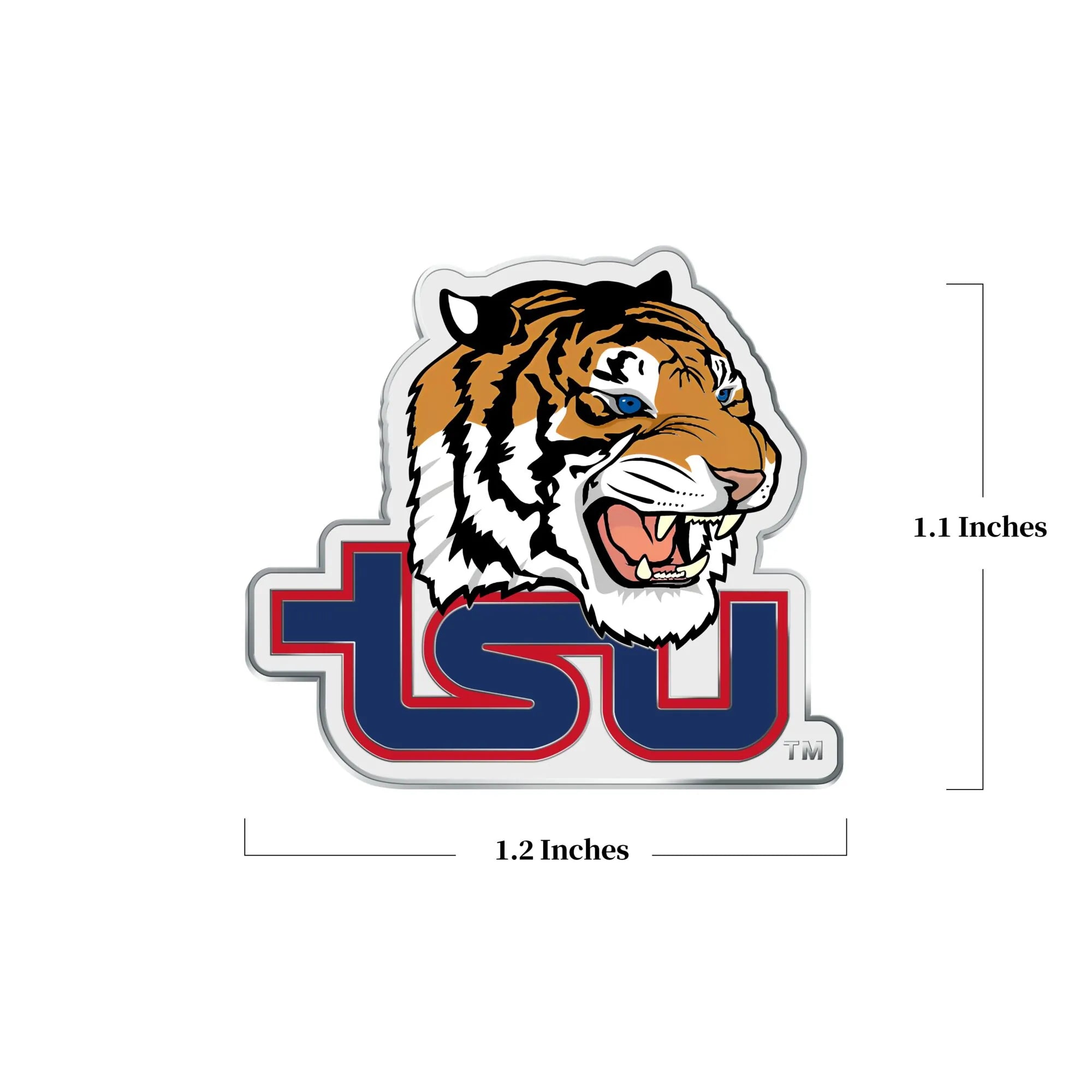 Tennessee State University Tiger Pin – Front view with dimensions overlay