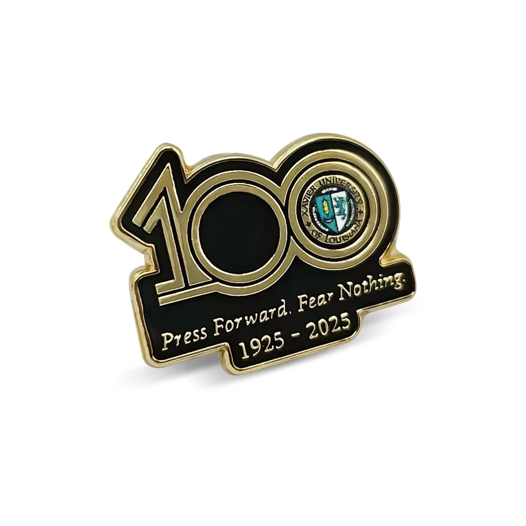 Xaiver University Of Louisiana 100th Anniversary Pin – Angled view showing depth and detail