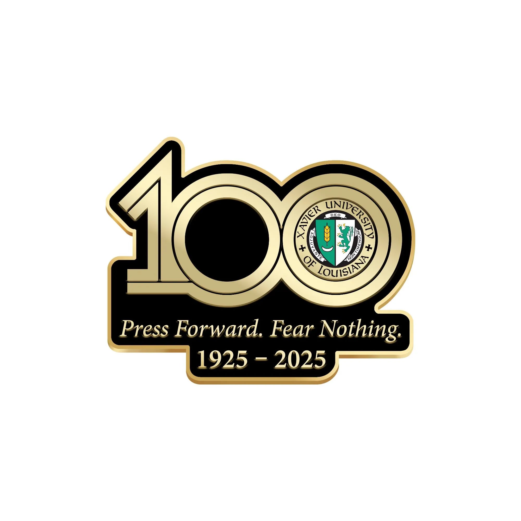 Xaiver University Of Louisiana 100th Anniversary Pin – Front view, gold-plated, pin