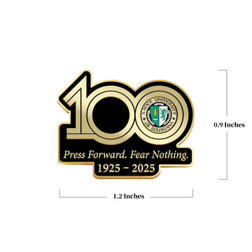 Xaiver University Of Louisiana 100th Anniversary Pin – Front view with dimensions overlay